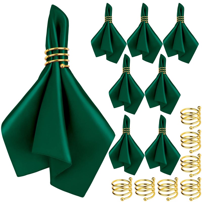 MCEAST Satin Cloth Napkins and Napkin Rings Set of 8 Smooth Fabric Table Napkins and Napkin Holder for Wedding Birthday Dinner Party Family Gatherings Table Decor Dark Green 17 x 17 Inches