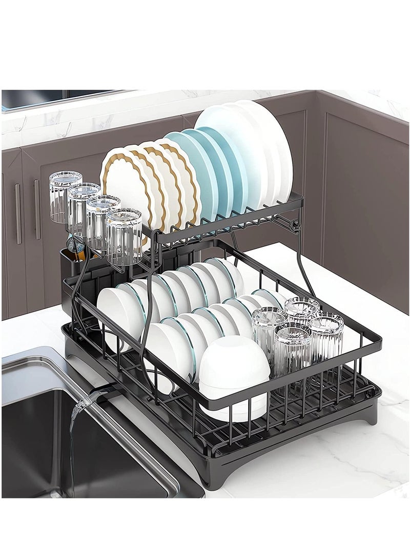 XICEN Dish Drying Rack-2 Tier Kitchen Dish Rack with Drainage Plate and Rotating Nozzle, with Removable Cutting Board Holder Utensil Holder and Cup Holder,Black Dish Stand  - Image 2