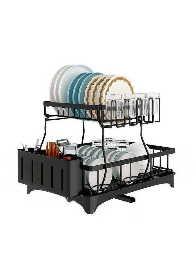 XICEN Dish Drying Rack-2 Tier Kitchen Dish Rack with Drainage Plate and Rotating Nozzle, with Removable Cutting Board Holder Utensil Holder and Cup Holder,Black Dish Stand  - Image 1