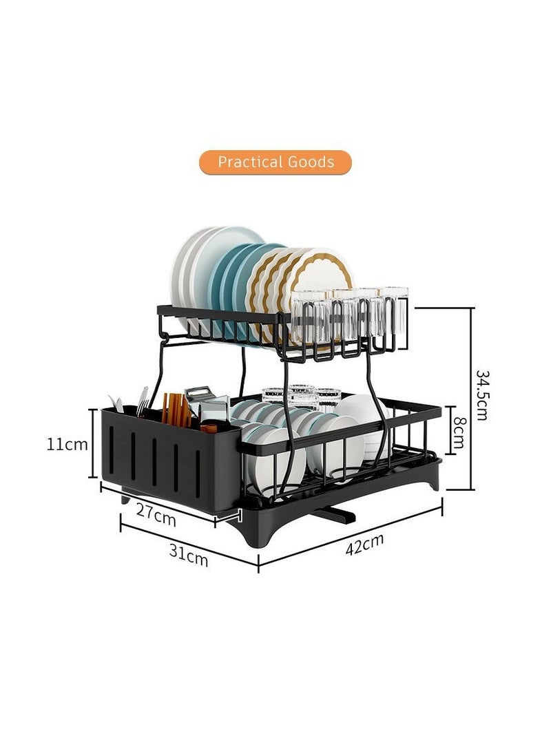 XICEN Dish Drying Rack-2 Tier Kitchen Dish Rack with Drainage Plate and Rotating Nozzle, with Removable Cutting Board Holder Utensil Holder and Cup Holder,Black Dish Stand  - Image 5