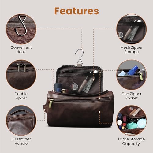 DRAVINA Travel Toiletry Pouch for Men & Women with Mesh & Hook Attachment| 25Cm Water Resistant PU Leather Vanity Case, Toiletry Kit, Travel Shaving Kit, Makeup & Cosmetic Organizer - Deep Brown - Image 3