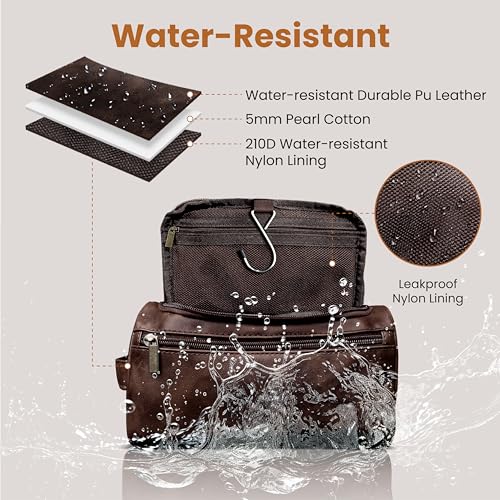 DRAVINA Travel Toiletry Pouch for Men & Women with Mesh & Hook Attachment| 25Cm Water Resistant PU Leather Vanity Case, Toiletry Kit, Travel Shaving Kit, Makeup & Cosmetic Organizer - Deep Brown - Image 2