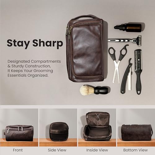 DRAVINA Travel Toiletry Pouch for Men & Women with Mesh & Hook Attachment| 25Cm Water Resistant PU Leather Vanity Case, Toiletry Kit, Travel Shaving Kit, Makeup & Cosmetic Organizer - Deep Brown - Image 4
