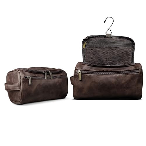 DRAVINA Travel Toiletry Pouch for Men & Women with Mesh & Hook Attachment| 25Cm Water Resistant PU Leather Vanity Case, Toiletry Kit, Travel Shaving Kit, Makeup & Cosmetic Organizer - Deep Brown - Image 1