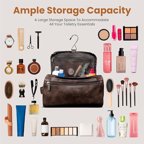 DRAVINA Travel Toiletry Pouch for Men & Women with Mesh & Hook Attachment| 25Cm Water Resistant PU Leather Vanity Case, Toiletry Kit, Travel Shaving Kit, Makeup & Cosmetic Organizer - Deep Brown - Image 5