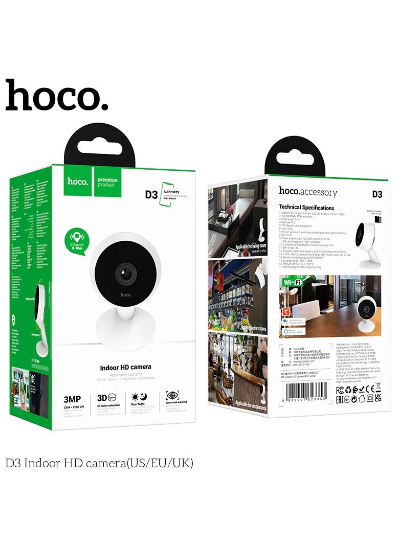 Hoco - Camera Hoco D3 Indoor HD Compact  with Noise Reduction Technology for Clear Sound Automatic Day and Night Mode Switching with Unnatural Motion Alerts (White) - Image 1