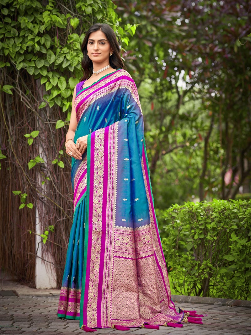 MANOHARI Women's Most Trendy Banarasi Satin Silk Woven Deep Blue & Pink Saree With Heavy Jacquard Work Saree With Blouse Piece_MN2057 - Image 3