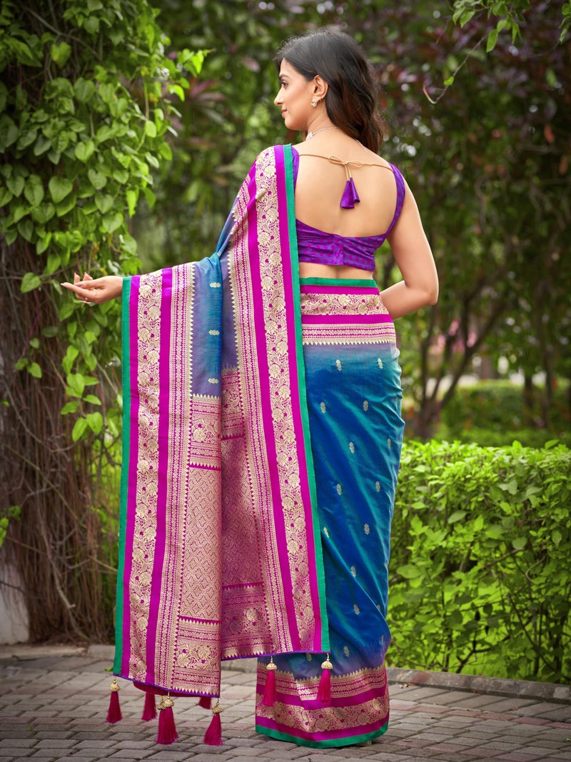 MANOHARI Women's Most Trendy Banarasi Satin Silk Woven Deep Blue & Pink Saree With Heavy Jacquard Work Saree With Blouse Piece_MN2057 - Image 4