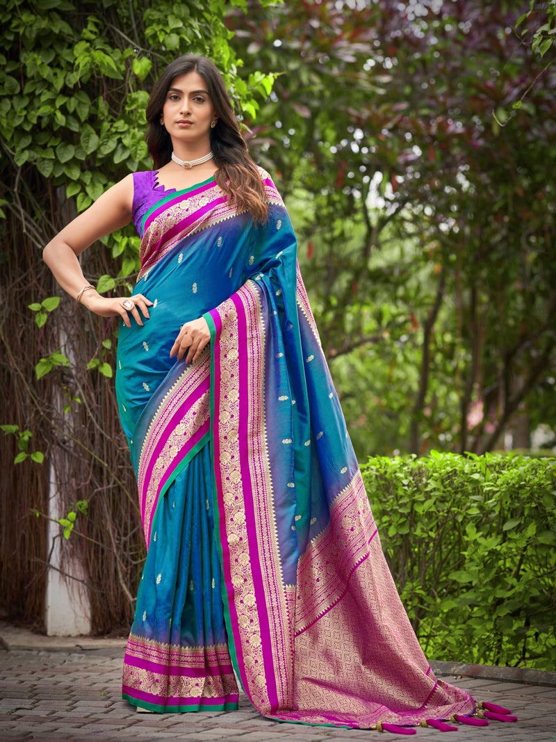 MANOHARI Women's Most Trendy Banarasi Satin Silk Woven Deep Blue & Pink Saree With Heavy Jacquard Work Saree With Blouse Piece_MN2057 - Image 2