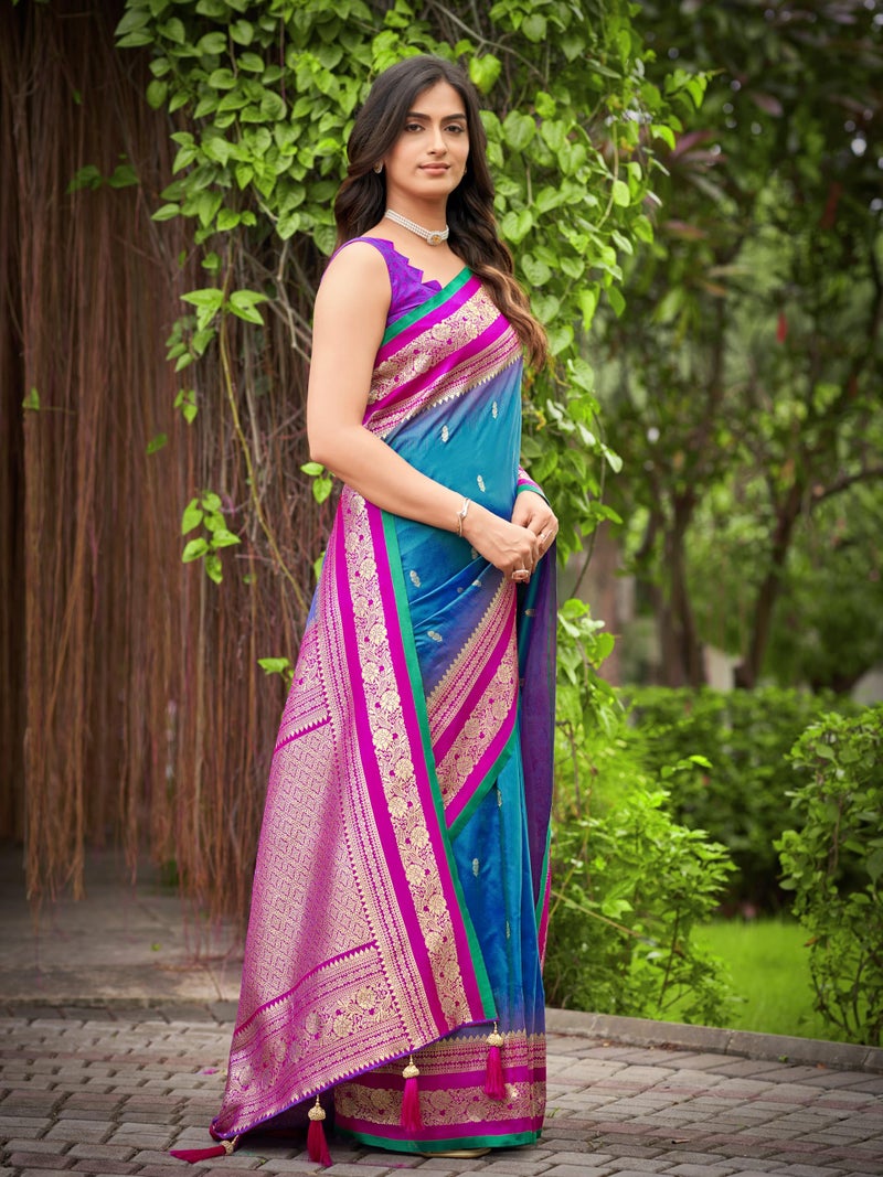 MANOHARI Women's Most Trendy Banarasi Satin Silk Woven Deep Blue & Pink Saree With Heavy Jacquard Work Saree With Blouse Piece_MN2057 - Image 5
