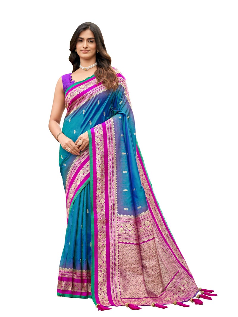 MANOHARI Women's Most Trendy Banarasi Satin Silk Woven Deep Blue & Pink Saree With Heavy Jacquard Work Saree With Blouse Piece_MN2057 - Image 1