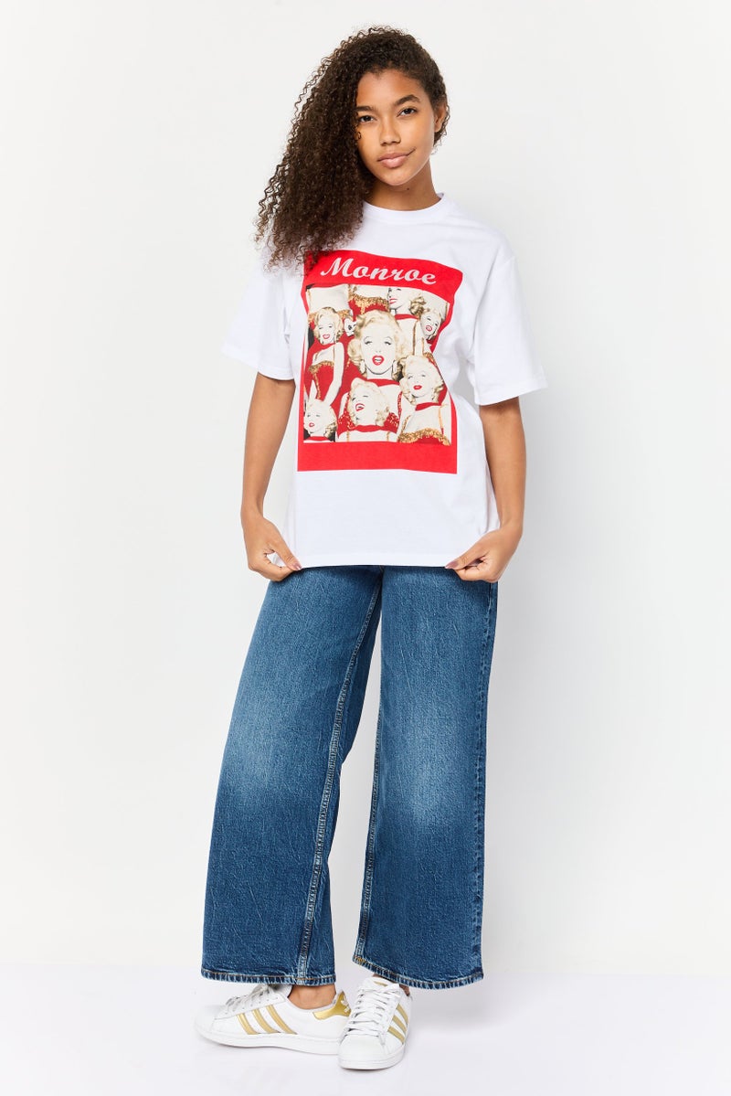 Marilyn Monroe Women Oversized Fit Crew Neck Short Sleeves Graphic Print T-Shirt, White - Image 3