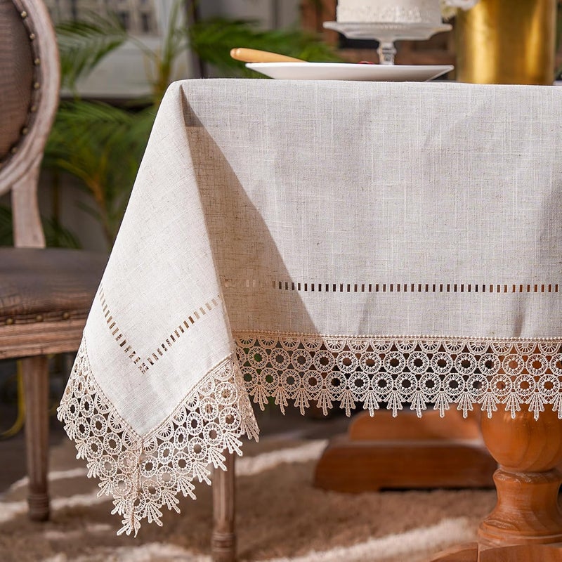 ARTABLE ARTABEL Cut Work Table Cloths with Lace Laser DieCut Exquisite Vintage Shabby Chic for Holiday Wedding Long Dinner Tables Stone 52 x 70 Inch - Image 1