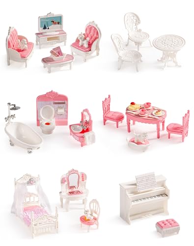 ROBUD Dollhouse Furniture Pink Doll House Accessories and Furniture for Dining Room Bathroom BedroomnLiving Room Dollhouse Accessories Pretend Play Furniture Toys for Kids WDHXX - Image 1