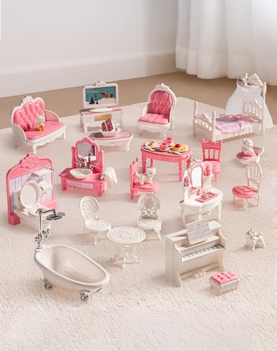 ROBUD Dollhouse Furniture Pink Doll House Accessories and Furniture for Dining Room Bathroom BedroomnLiving Room Dollhouse Accessories Pretend Play Furniture Toys for Kids WDHXX - Image 5