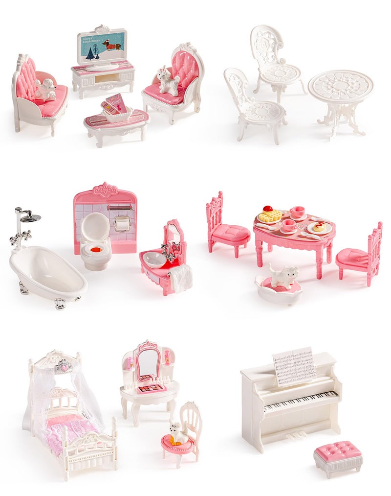 ROBUD Dollhouse Furniture Pink Doll House Accessories and Furniture for Dining Room Bathroom BedroomnLiving Room Dollhouse Accessories Pretend Play Furniture Toys for Kids WDHXX - Image 3