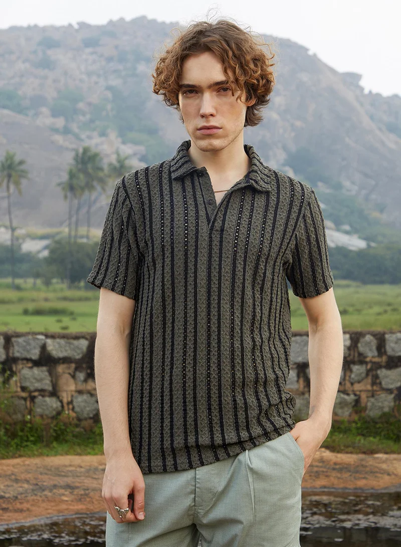 Campus Sutra Men's Olive Green & Onyx Black Tactile-Striped Polo T-Shirt