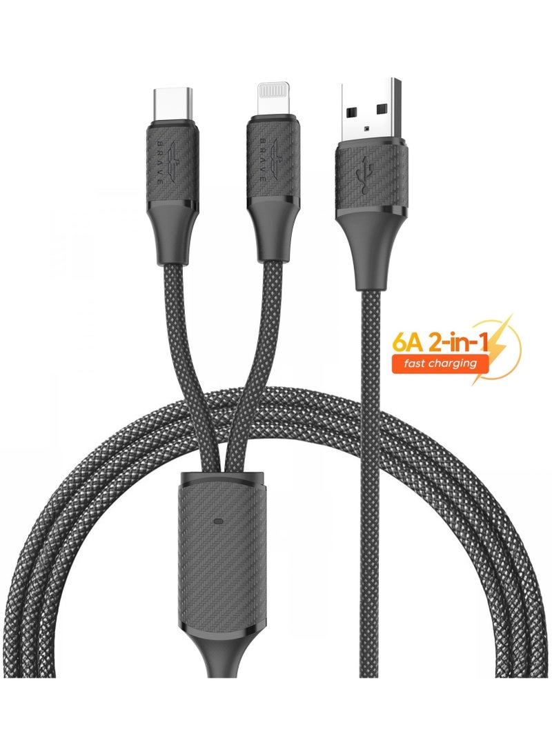 Brave 2 in 1 (6A) USB A to Type-C & Lightning Fast Charging Cable with Nylon Braided Design for iPhone 16/15/14/13/12/11, Samsung S25/S24/S23, Xiaomi, Realme, Poco, Huawei and More - Universal Compatibility for All USB-C & Lightning Devices - High Speed ​​Data Transfer, Durable Design, Tangle Free (1.2m - Black)  - Image 1