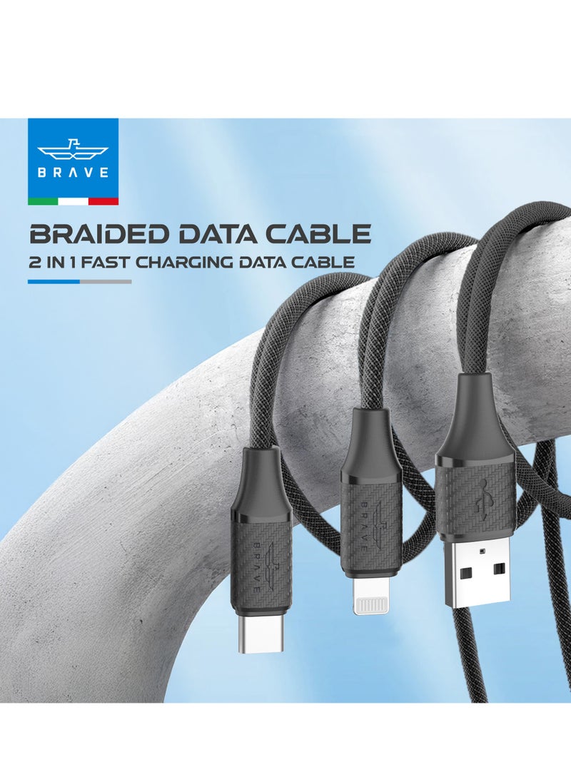 Brave 2 in 1 (6A) USB A to Type-C & Lightning Fast Charging Cable with Nylon Braided Design for iPhone 16/15/14/13/12/11, Samsung S25/S24/S23, Xiaomi, Realme, Poco, Huawei and More - Universal Compatibility for All USB-C & Lightning Devices - High Speed ​​Data Transfer, Durable Design, Tangle Free (1.2m - Black)  - Image 3