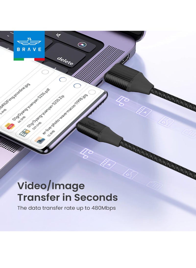 Brave 2 in 1 (6A) USB A to Type-C & Lightning Fast Charging Cable with Nylon Braided Design for iPhone 16/15/14/13/12/11, Samsung S25/S24/S23, Xiaomi, Realme, Poco, Huawei and More - Universal Compatibility for All USB-C & Lightning Devices - High Speed ​​Data Transfer, Durable Design, Tangle Free (1.2m - Black)  - Image 5