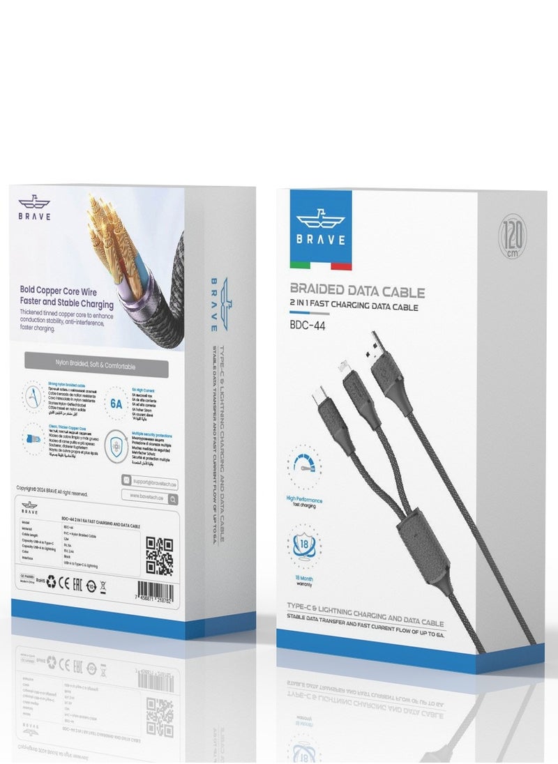 2 in 1 (6A) USB A to Type-C & Lightning Fast Charging Cable with Nylon Braided Design for iPhone 16/15/14/13/12/11, Samsung S25/S24/S23, Xiaomi, Realme, Poco, Huawei and More - Universal Compatibility for All USB-C & Lightning Devices - High Speed ​​Data Transfer, Durable Design, Tangle Free (1.2m - Black)