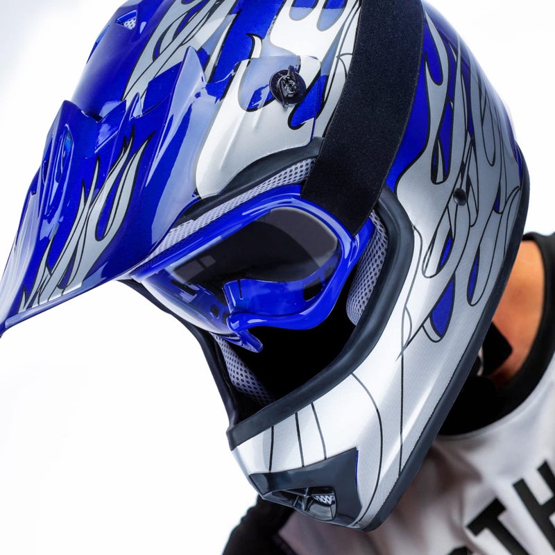 XFMT Kids Dirt Bike Helmet Youth Motorcycle Helmet DOT-Certified Full Face Helmets for Motocross ATV Off-Road Street Bike with Goggles & Gloves, Blue Flame Large - Image 5