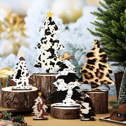 Cinnvoice 6 Pcs Western Wooden Christmas Trees Tabletop Decor Rustic Wood Christmas Trees Xmas Centerpieces Table Wooden Signs Farmhouse Table Home Decor for Home Office Farmhouse - Image 3