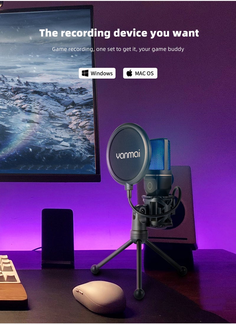 مايك قيمنق لاسلكي | إلغاء ضوضاء فعال وإضاءة RGB | صوت استوديو ٢٠ هرتز-٢٠ كيلوهرتز | بطارية تدوم ٨ ساعات | فلتر بوب ومنفذ USB-C/A | كمبيوتر/بث مباشر/بودكاست