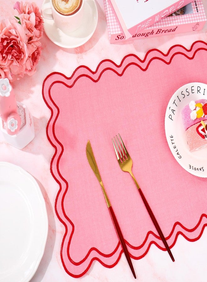 وولاين مفارش طاولة من Whaline باللونين الوردي والأحمر، مطرزة بحواف مزخرفة، مثالية لحفلات الزفاف وحفلات استقبال المولود الجديد، لتزيين طاولة الطعام في المنزل، طقم من 6 قطع، مقاس 13 × 19 بوصة - Image 4