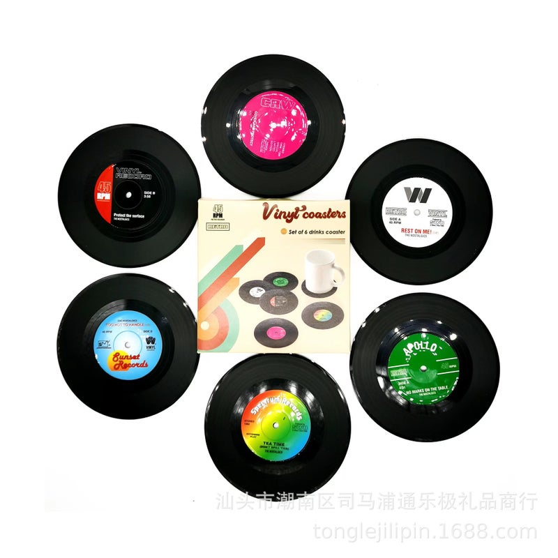 Retro Vinyl CD Coasters Round Non-Slip Silicone Set of 6Record pad (4 pieces of random) bag Record pad (4 pieces of random) bag 