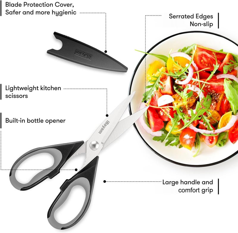iBayam Kitchen Gadgets Utensils Set for Home, 8.5" Kitchen Scissors with Sheath, Black Cooking Scissors, All Purpose Shears - Image 1