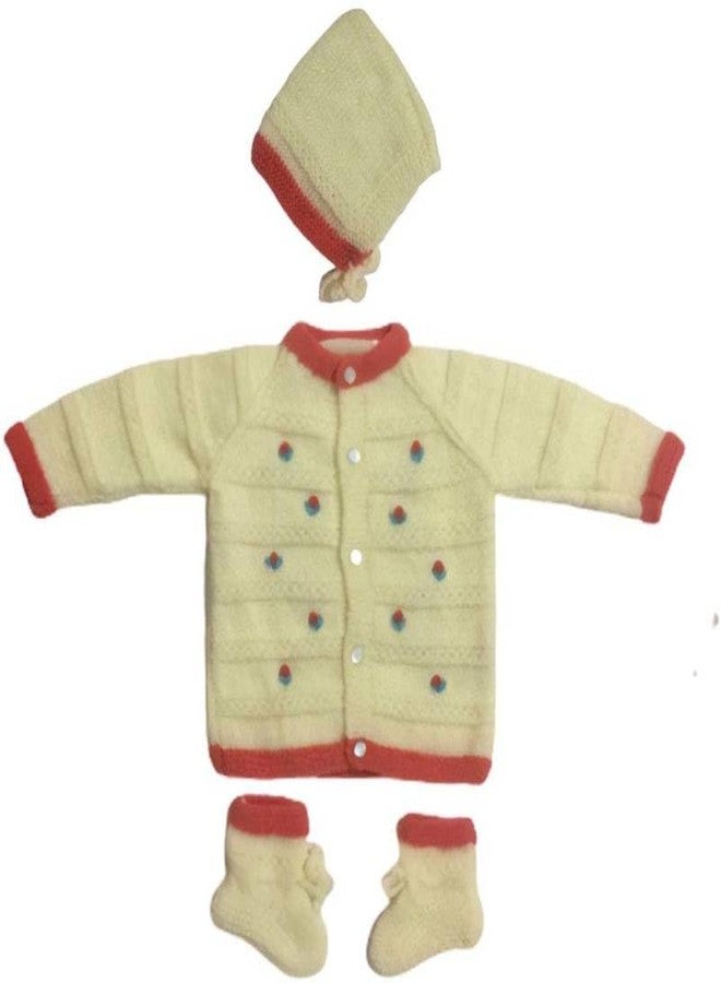 Cute Collection Handmade Woolen Sweater with Cap and Socks Set for Winter 6-9 Months Baby and New Born Baby White & Maroon - Image 1