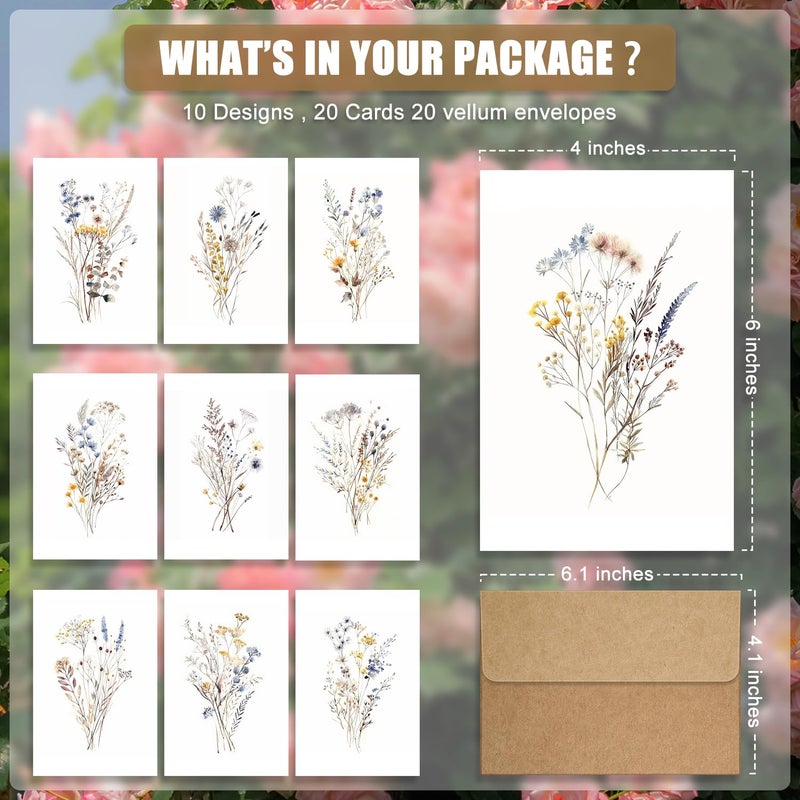 WEIZHEN 20-Pack Watercolor Wildflowers Blank Greeting Cards with Envelopes - 4x6 Blank Cards for Personalized Messages - Ideal for Birthdays, Thank Yous, Weddings, and More - Image 2