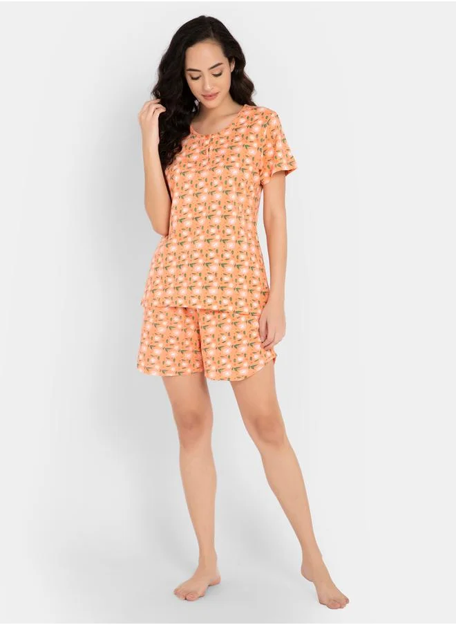 Clovia Clovia Floral Print Short Sleeve Cotton Top and Shorts Set