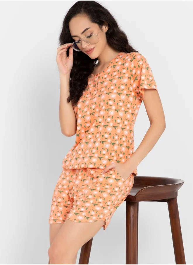 Clovia Clovia Floral Print Short Sleeve Cotton Top and Shorts Set