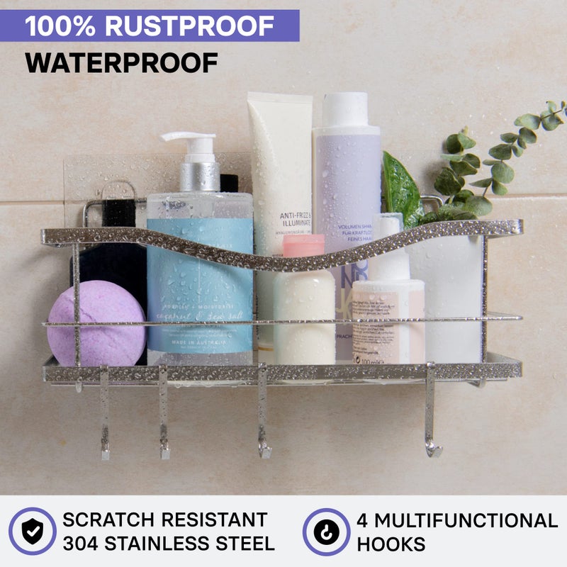 KINCMAX Premium Shower Caddy - Self Adhesive Shower Organizer w/ 4 Hooks  Drill-Free Shower Shelves for Inside Shower  Rustproof Stainless Steel Shower Rack for Bathroom  Shower Accessories  Silver - Image 2