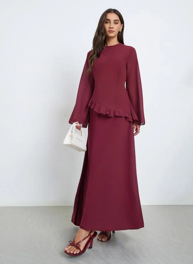 Styli Burgundy Bell Sleeve A-Line Maxi Dress