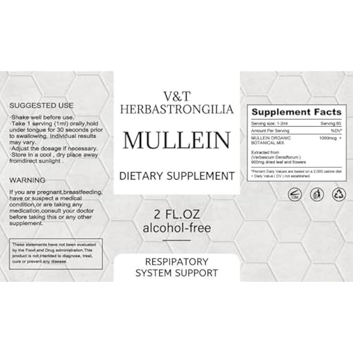 V&T Herbastrongilia .Mullein Leaf. Tincture Drops. 2fl oz. Alcohol Free. Liquid Extract. Vegan. Non - GMO & GMO Free. Herbal Supplement. Organic. Lung Cleanse.Immune, Respiratory Support. Detox - Image 3
