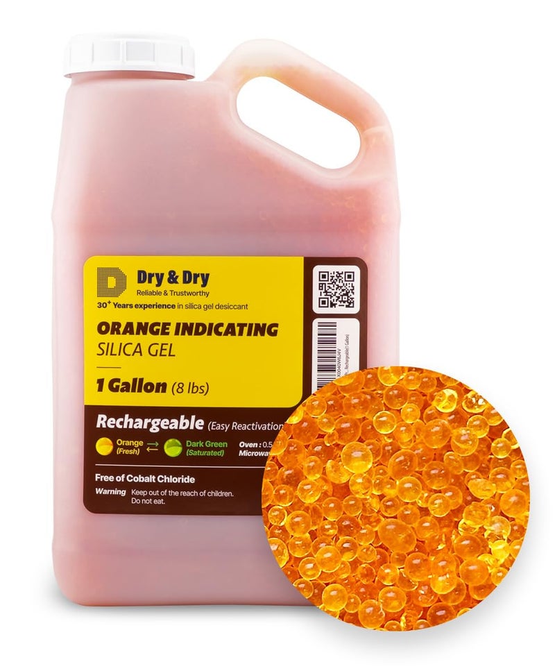 DRYDRY [8 LBS] Premium Orange Indicating Silica Gel Desiccant Beads(Industry Standard 3-5 mm) - Rechargeable Silica Beads(1 Gallon) - Image 1