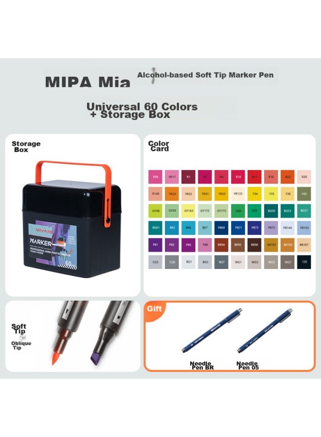 ميا Miya Professional علامات كحولية مزدوجة الرأس للطلاب، رسوم كاريكاتيرية مرسومة يدويًا، ملابس، تصميم معماري، أقلام زيتية مقاومة للماء، أقلام ألوان مائية، علامات، 60 لونًا، رسم تخطيطي، علامات رسم - Image 1