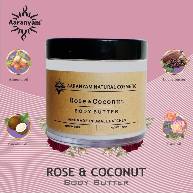 Aaranyam Rose  Coconut Body Butter moisturizer cream  dry skin moisturizer with goodness of shea butter raw cocoa butter  Body Cream  winter cream For Women  Men 120 g - Image 3