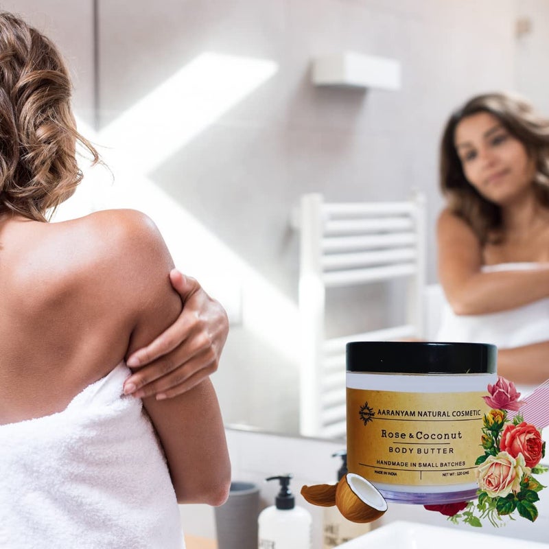 Aaranyam Rose  Coconut Body Butter moisturizer cream  dry skin moisturizer with goodness of shea butter raw cocoa butter  Body Cream  winter cream For Women  Men 120 g - Image 2