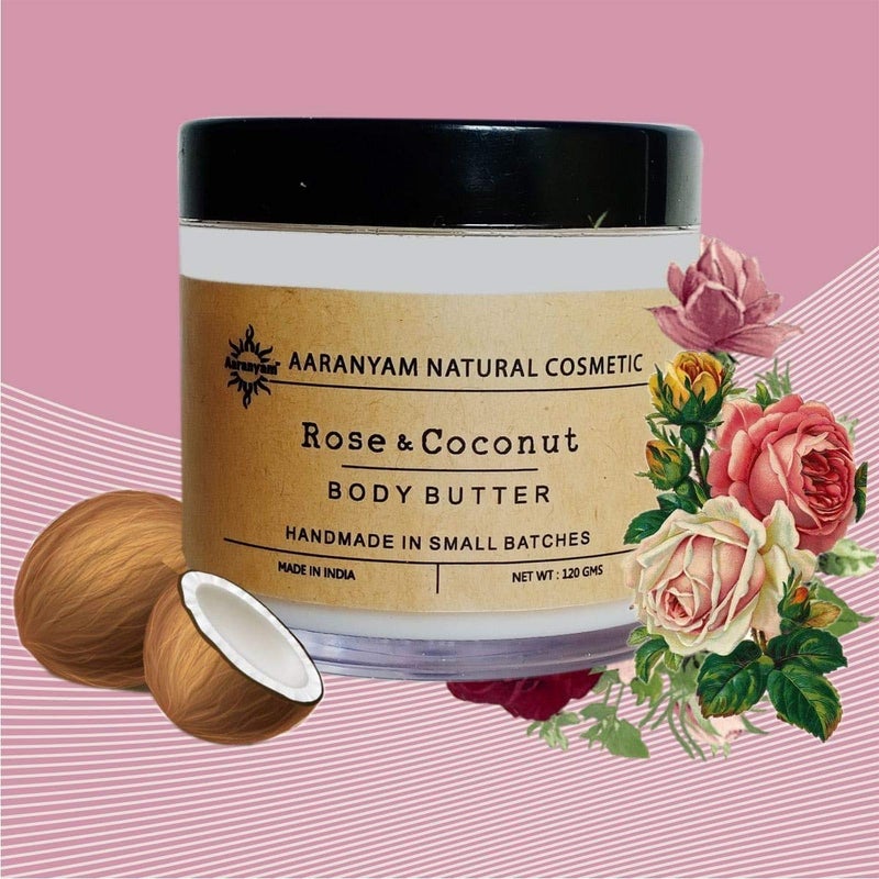 Aaranyam Rose  Coconut Body Butter moisturizer cream  dry skin moisturizer with goodness of shea butter raw cocoa butter  Body Cream  winter cream For Women  Men 120 g - Image 1