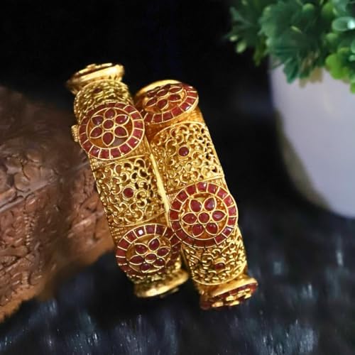JWELLA Traditional Antique Gold-Plated Maroon Floral Designer Bangles Set for Women | Bridal Kada with Filigree Craftsmanship | Premium Brass Ethnic Jewelry for Festive (2.8) - Image 2