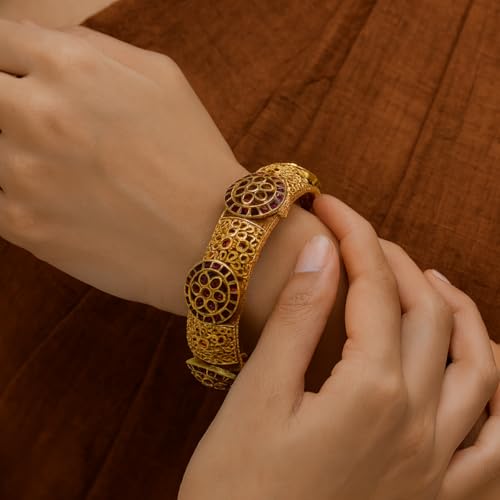 JWELLA Traditional Antique Gold-Plated Maroon Floral Designer Bangles Set for Women | Bridal Kada with Filigree Craftsmanship | Premium Brass Ethnic Jewelry for Festive (2.8) - Image 3