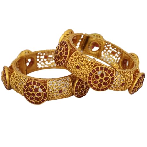 JWELLA Traditional Antique Gold-Plated Maroon Floral Designer Bangles Set for Women | Bridal Kada with Filigree Craftsmanship | Premium Brass Ethnic Jewelry for Festive (2.8) - Image 1