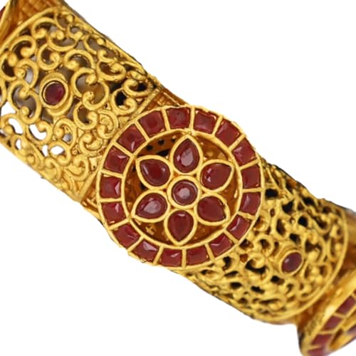 JWELLA Traditional Antique Gold-Plated Maroon Floral Designer Bangles Set for Women | Bridal Kada with Filigree Craftsmanship | Premium Brass Ethnic Jewelry for Festive (2.8) - Image 5