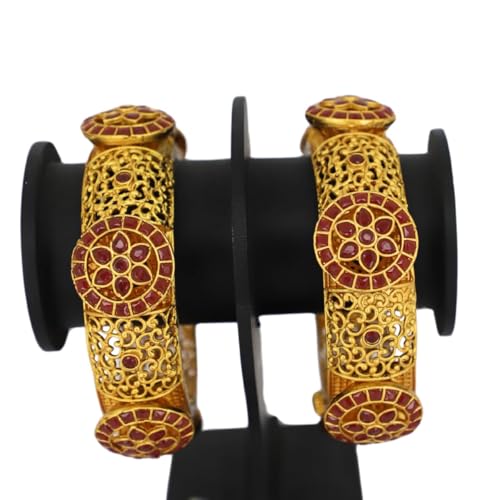 JWELLA Traditional Antique Gold-Plated Maroon Floral Designer Bangles Set for Women | Bridal Kada with Filigree Craftsmanship | Premium Brass Ethnic Jewelry for Festive (2.8) - Image 4