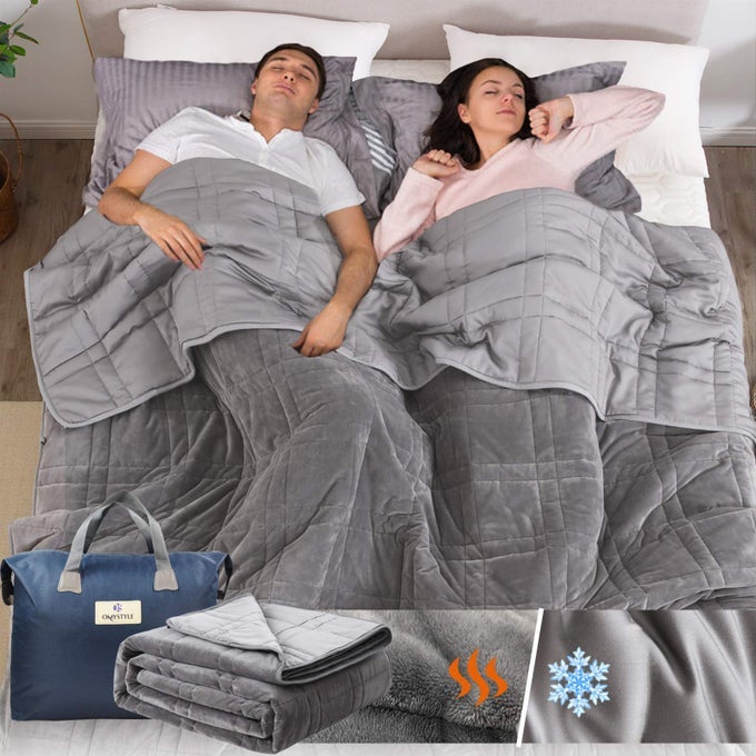25LB WEIGHTED BLANKET QUEEN SIZE FOR ADULT80X87 DOUBLESIDED WARM SHORT PLUSH AND COOL TENCEL FABRIC REVERSIBLE WEIGHTED BLANKET FOR ADULT CARRY BAG INCLUDED