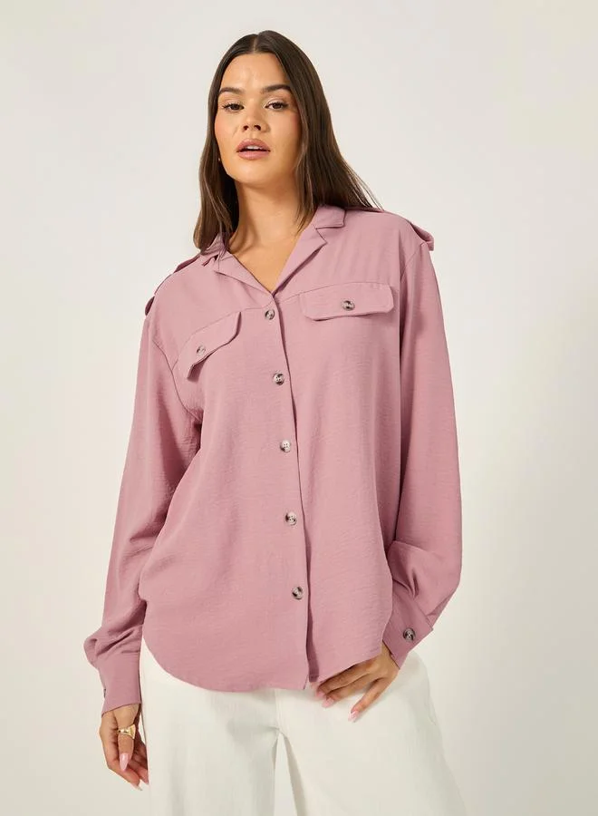 Styli Oversized Notch Collar Longline Shirt with Pocket Detail